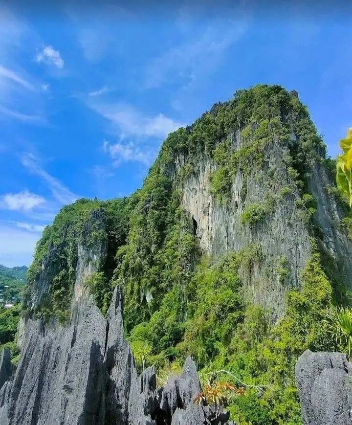 A jagged green limestone peak under a blue sky