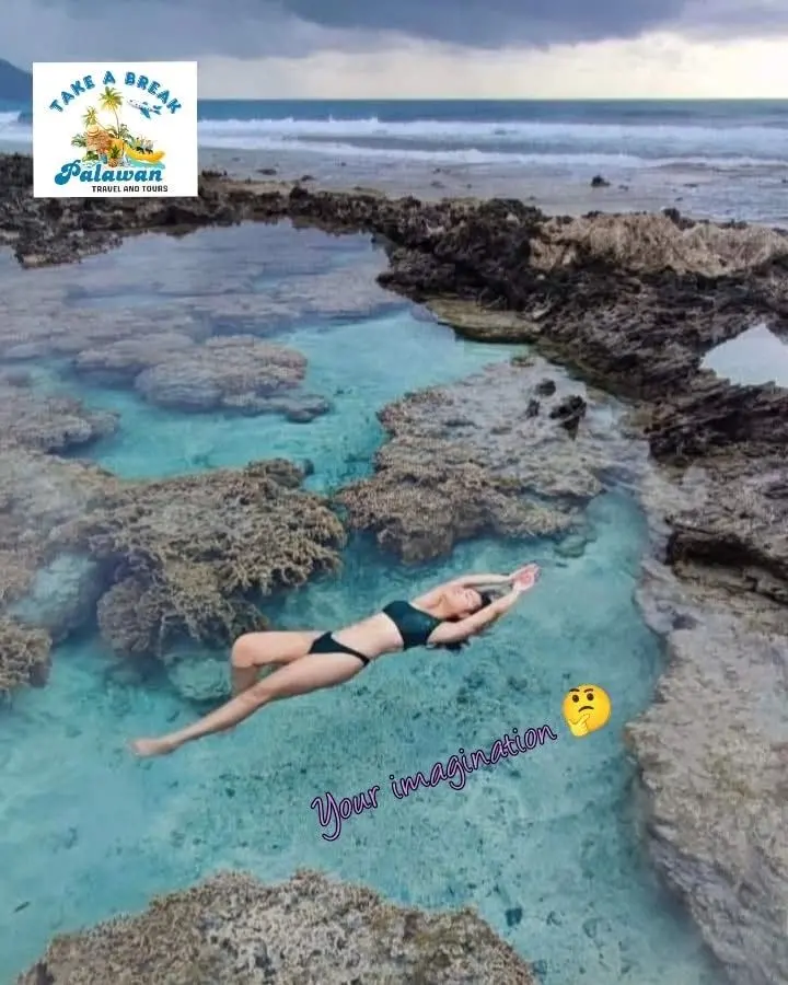 Floating in a turquoise tide pool among the rocks